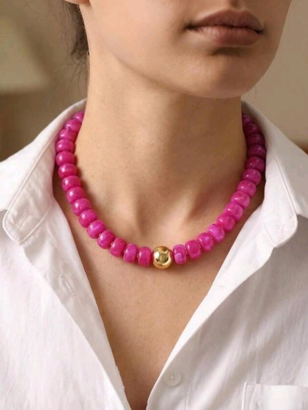 NEW! Trendy Pink Fuchsia Beaded Necklace with Gold Accent- Women Jewelry
